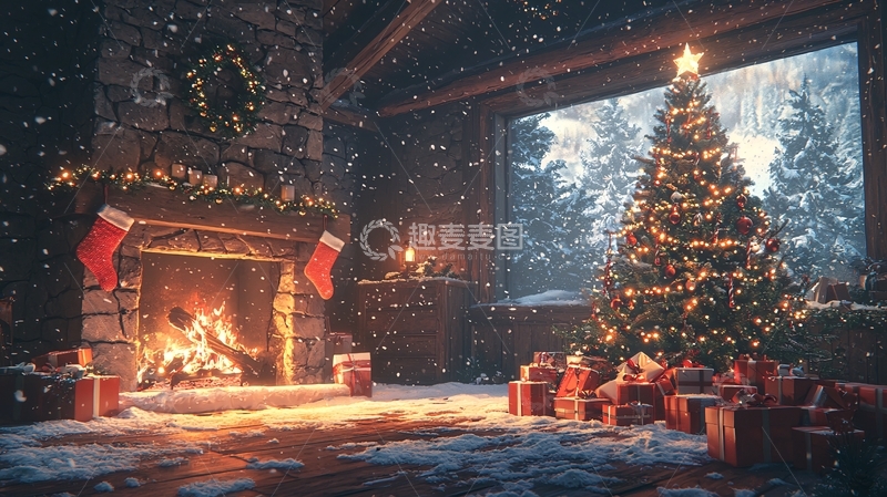 高清大图下载【趣麦麦图】圣诞节壁炉篝火温馨场景