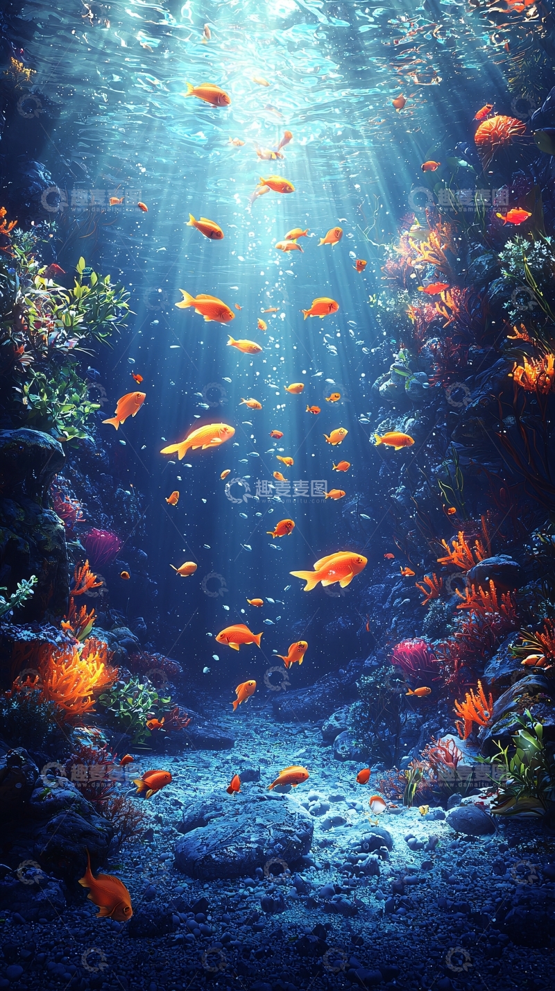 高清大图下载【趣麦麦图】深海鱼群珊瑚礁高清图