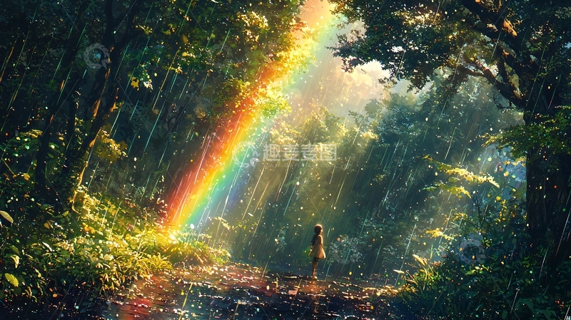 高清大图下载【趣麦麦图】雨后森林彩虹女孩