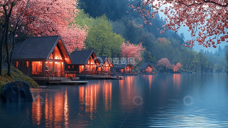 高清大图下载【趣麦麦图】樱花树下湖边木屋