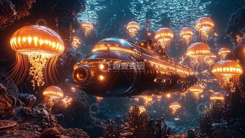 高清大图下载【趣麦麦图】深海潜艇与发光水母