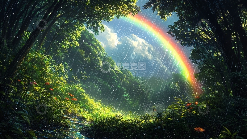 高清大图下载【趣麦麦图】雨后森林彩虹