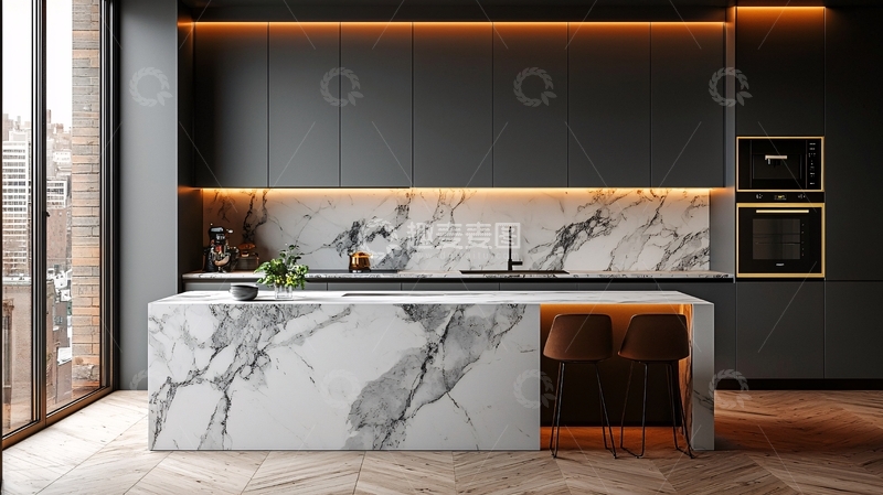 高清大图下载【趣麦麦图】现代极简灰色大理石厨房