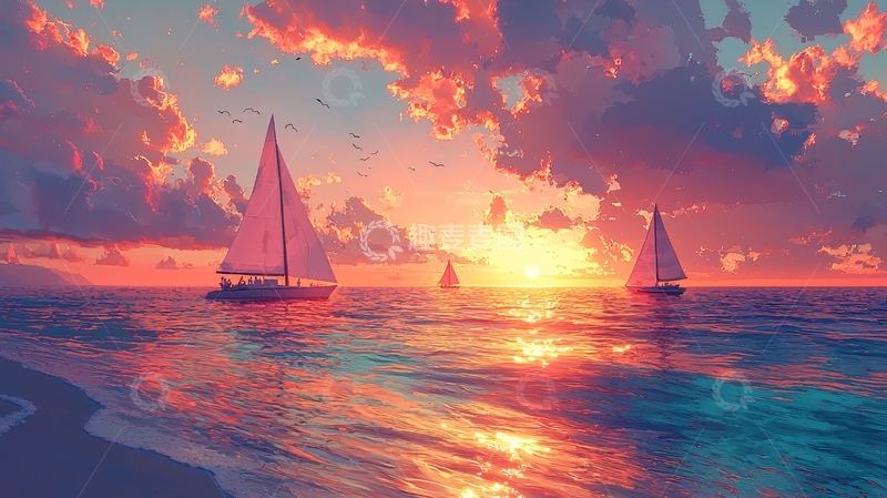 高清大图下载【趣麦麦图】夕阳西下帆船海景