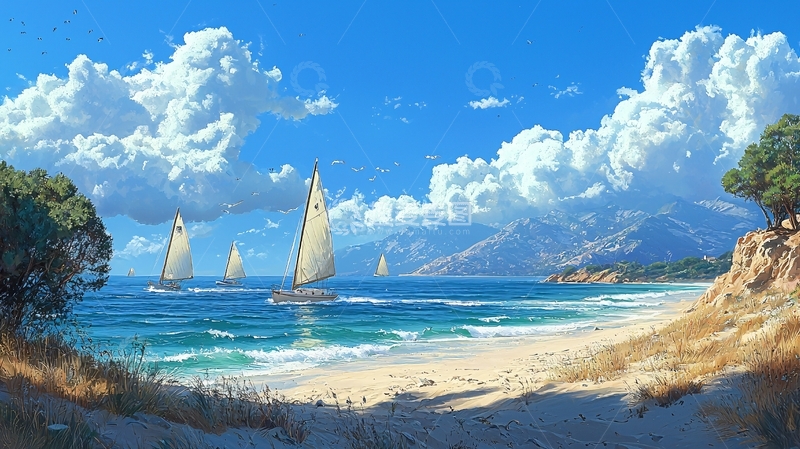 高清大图下载【趣麦麦图】阳光沙滩帆船海景