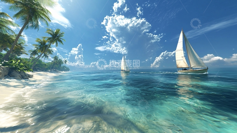 高清大图下载【趣麦麦图】热带海滩帆船风景