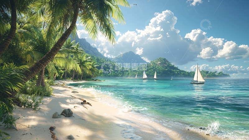 高清大图下载【趣麦麦图】热带海滩椰林风光