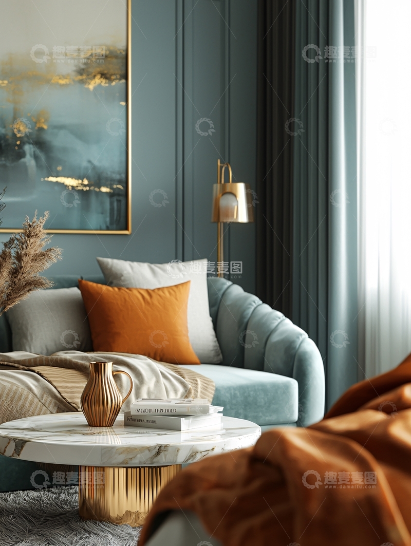 高清大图下载【趣麦麦图】轻奢蓝绿色系客厅装修
