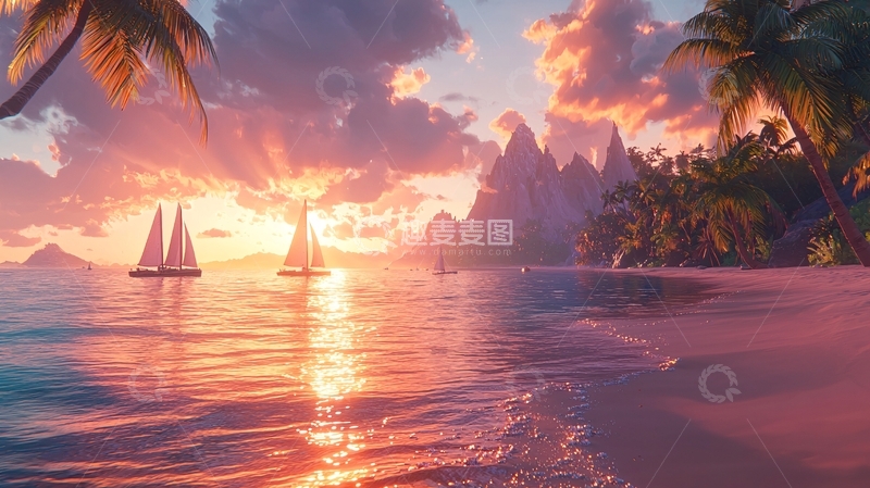 高清大图下载【趣麦麦图】热带海滩日落帆船