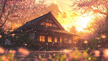 日式房屋落樱夕阳