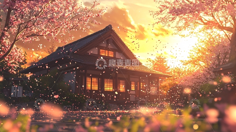 高清大图下载【趣麦麦图】日式房屋落樱夕阳