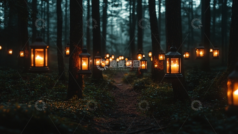 高清大图下载【趣麦麦图】森林小路灯笼