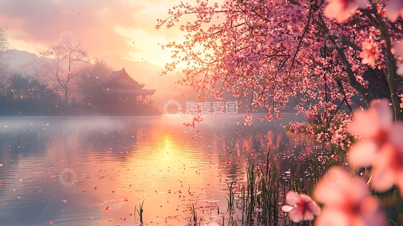 高清大图下载【趣麦麦图】清晨雾气朦胧的樱花湖