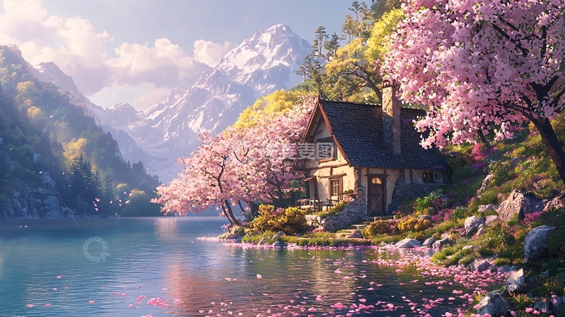 高清大图下载【趣麦麦图】春日山景小屋