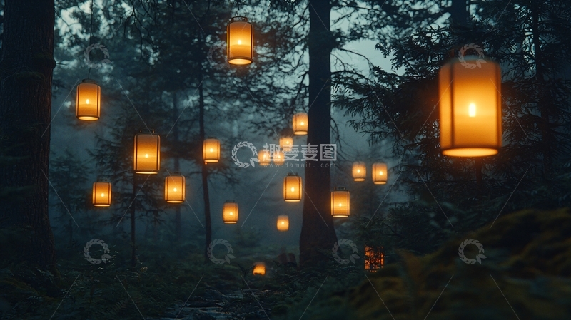 高清大图下载【趣麦麦图】雾气森林灯笼