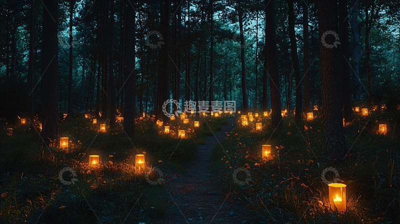 高清大图下载【趣麦麦图】黑暗森林小路灯火
