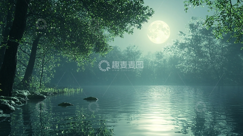 高清大图下载【趣麦麦图】月光下的森林湖泊