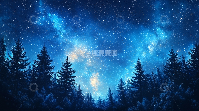 高清大图下载【趣麦麦图】蓝色星空下的森林
