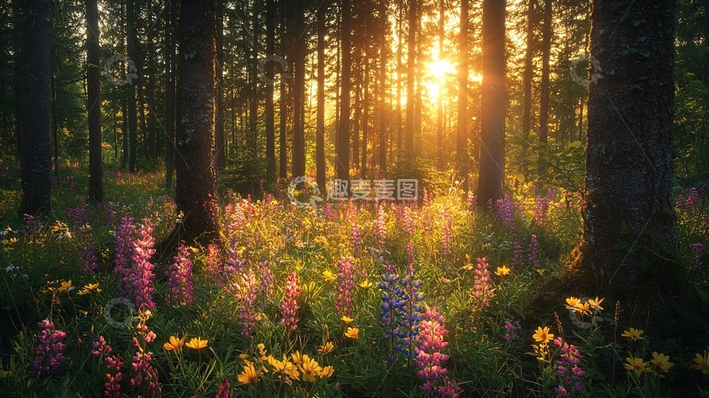 高清大图下载【趣麦麦图】森林夕阳花海