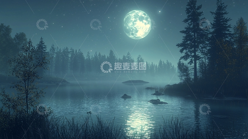 高清大图下载【趣麦麦图】月光下的森林湖泊