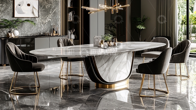 高清大图下载【趣麦麦图】轻奢大理石椭圆形餐桌