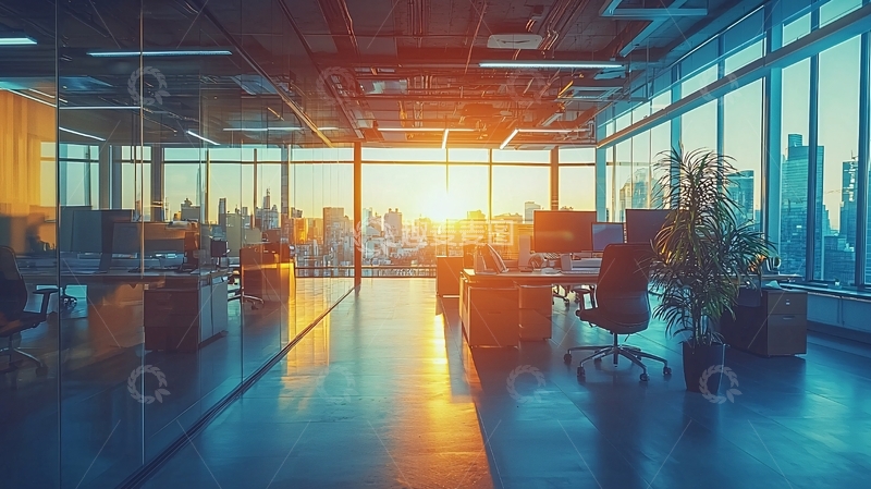 高清大图下载【趣麦麦图】现代化办公室日出景色
