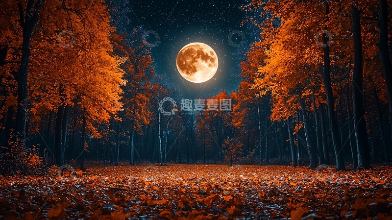 高清大图下载【趣麦麦图】秋夜森林满月景色