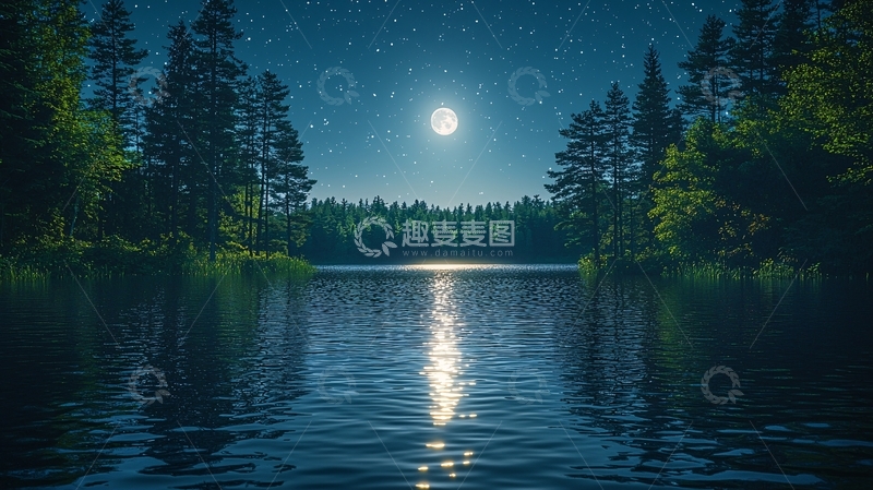 高清大图下载【趣麦麦图】月夜森林湖泊