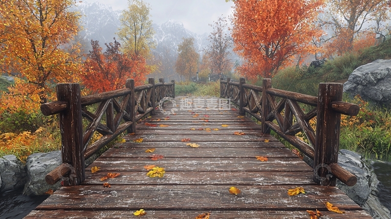 高清大图下载【趣麦麦图】秋日木桥