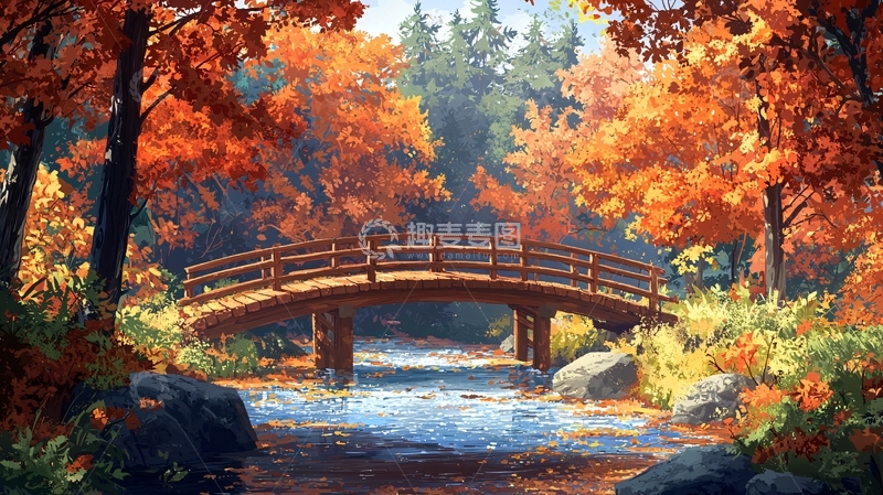 高清大图下载【趣麦麦图】秋日小桥流水如画