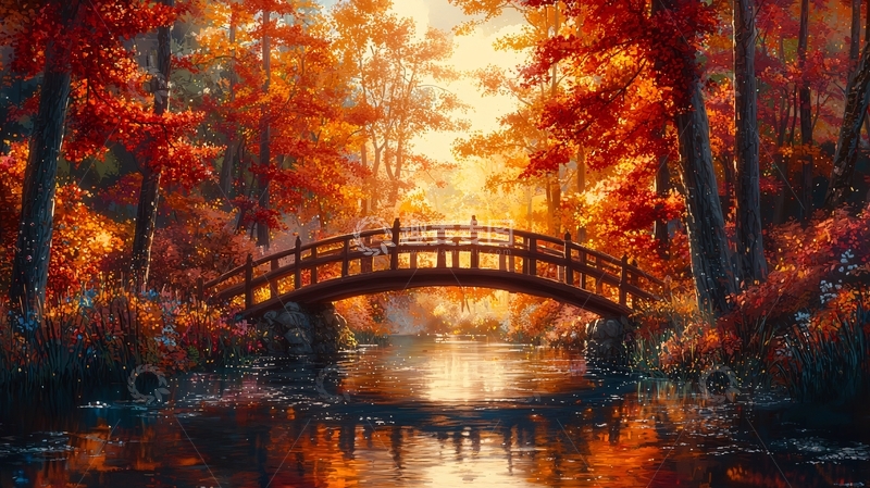 高清大图下载【趣麦麦图】秋日红叶小桥流水