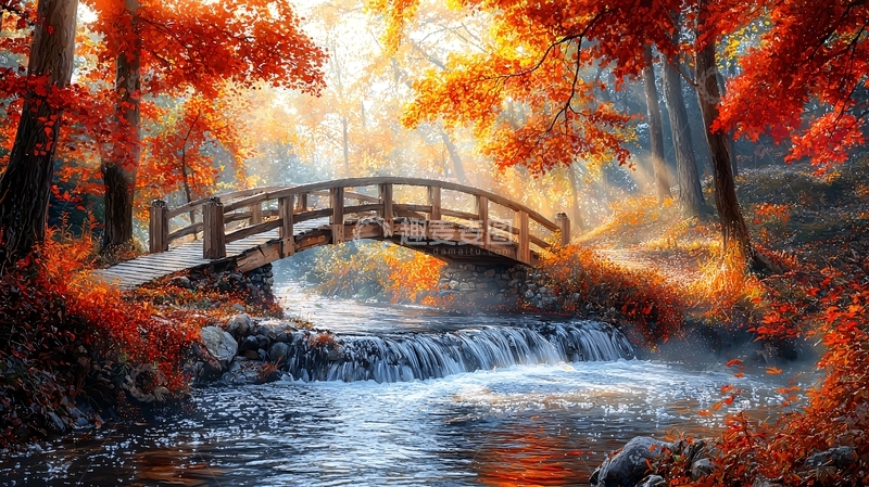 高清大图下载【趣麦麦图】秋日森林小桥流水