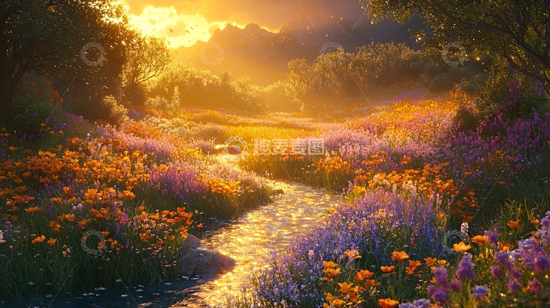 高清大图下载【趣麦麦图】金光灿烂的田园溪流