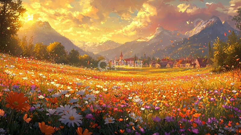 高清大图下载【趣麦麦图】金色夕阳下的花海山村