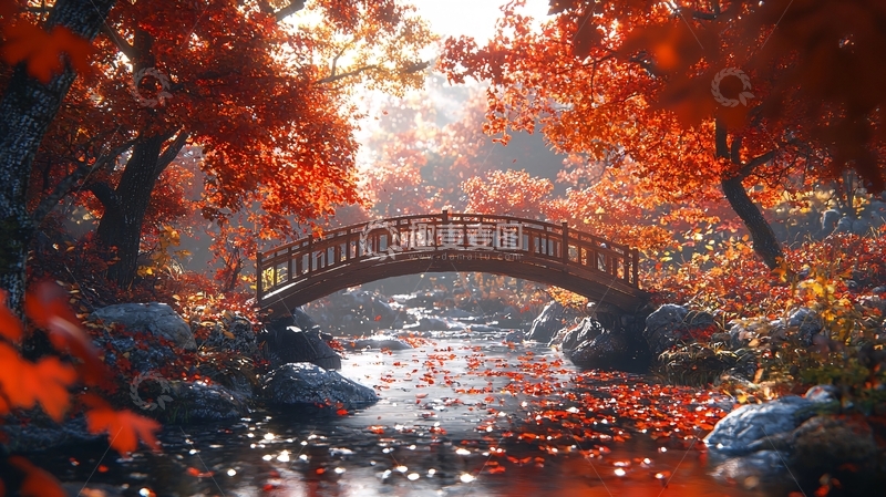 高清大图下载【趣麦麦图】秋日枫叶小桥流水