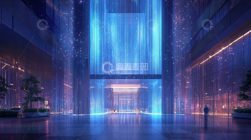 高清大图下载【趣麦麦图】夜晚室内瀑布建筑