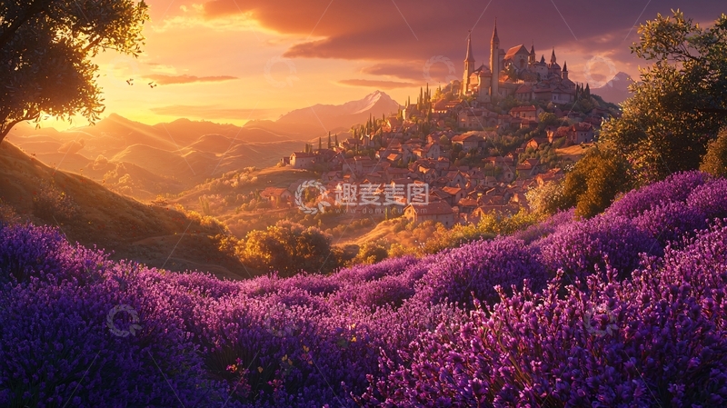 高清大图下载【趣麦麦图】夕阳下的薰衣草城堡