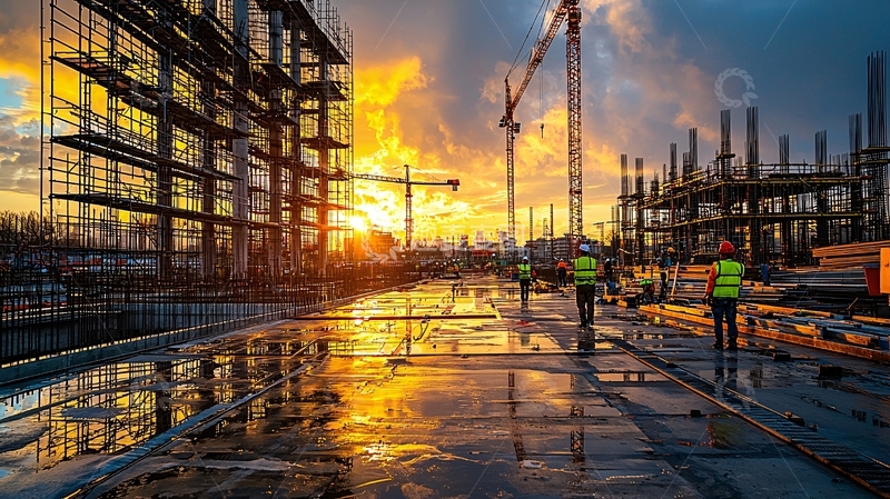 高清大图下载【趣麦麦图】夕阳下的建筑工地