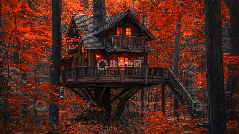 高清大图下载【趣麦麦图】秋日森林树屋