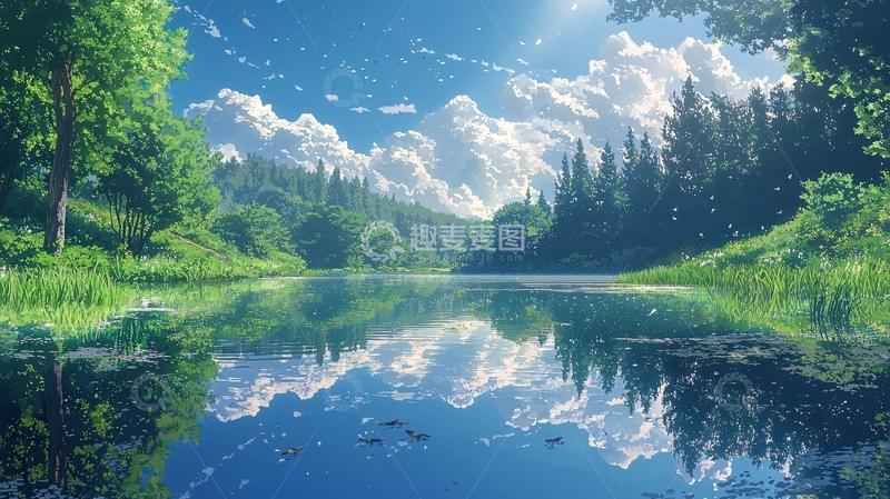 高清大图下载【趣麦麦图】阳光下的森林湖泊