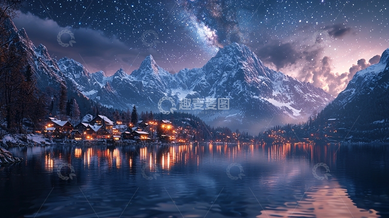 高清大图下载【趣麦麦图】雪山湖泊小镇夜景