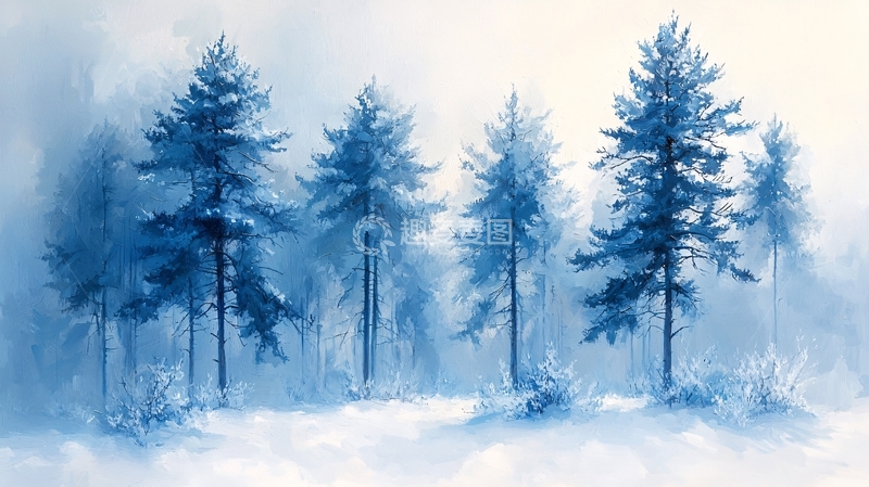 高清大图下载【趣麦麦图】蓝调松树林雪景