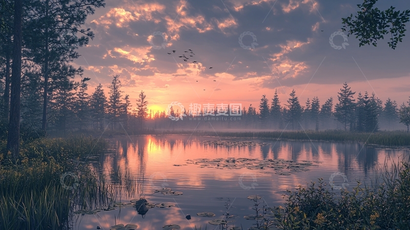 高清大图下载【趣麦麦图】清晨森林湖泊日出