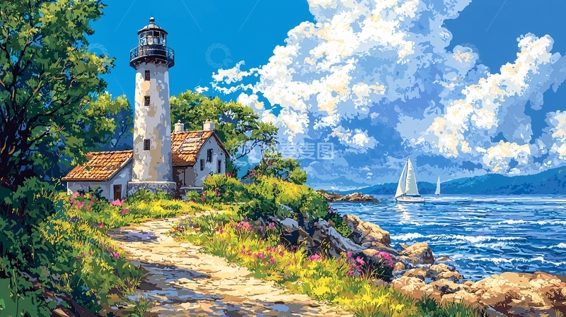 高清大图下载【趣麦麦图】海边灯塔风景画