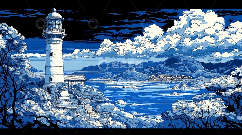 高清大图下载【趣麦麦图】蓝调风格灯塔海景图
