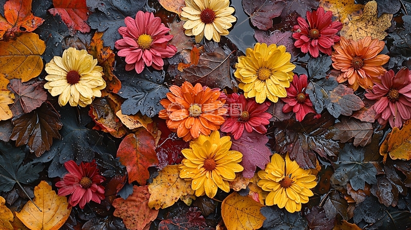 高清大图下载【趣麦麦图】秋叶菊花背景图