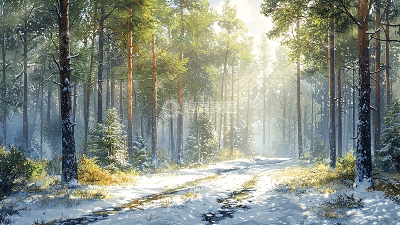 阳光森林雪地小路
