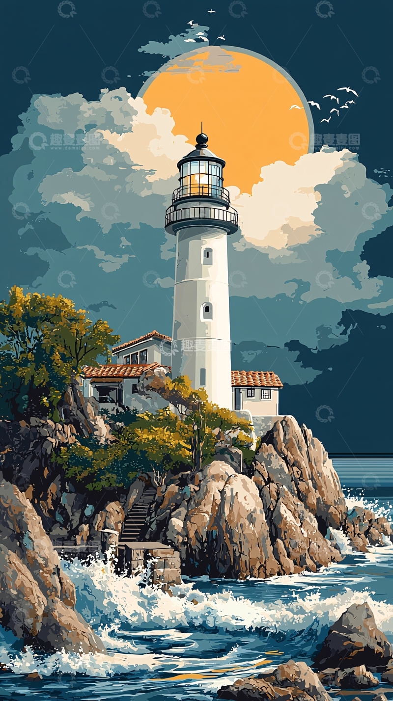 高清大图下载【趣麦麦图】夜晚海边灯塔
