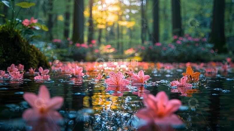 高清大图下载【趣麦麦图】森林溪流粉色花朵