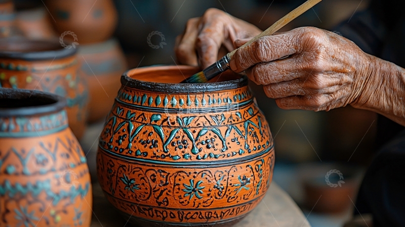 高清大图下载【趣麦麦图】老人手工绘制陶罐
